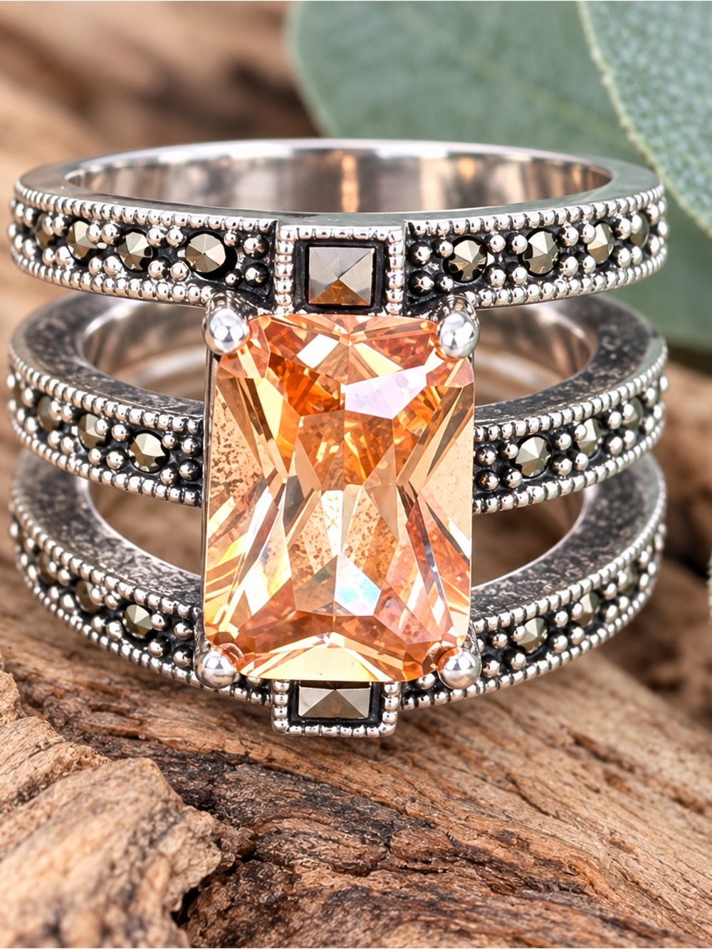 Sterling Silver statement ring size 6 large citrine colored center and marcasite